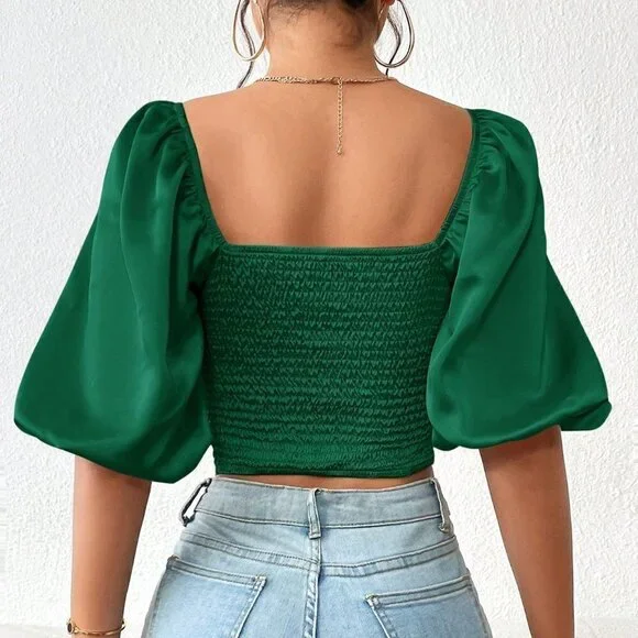 Dark Green Casual Women's Sweetheart Neck Puff Sleeve Crop Blouse - Picture 2 of 5